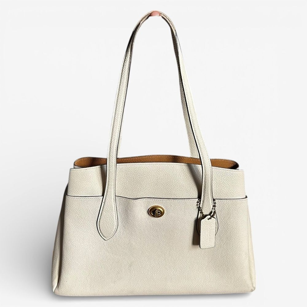 Coach Lori Carryall Tote Shoulder Bag Chalk Cream Pebbled Leather Turnlock Zip